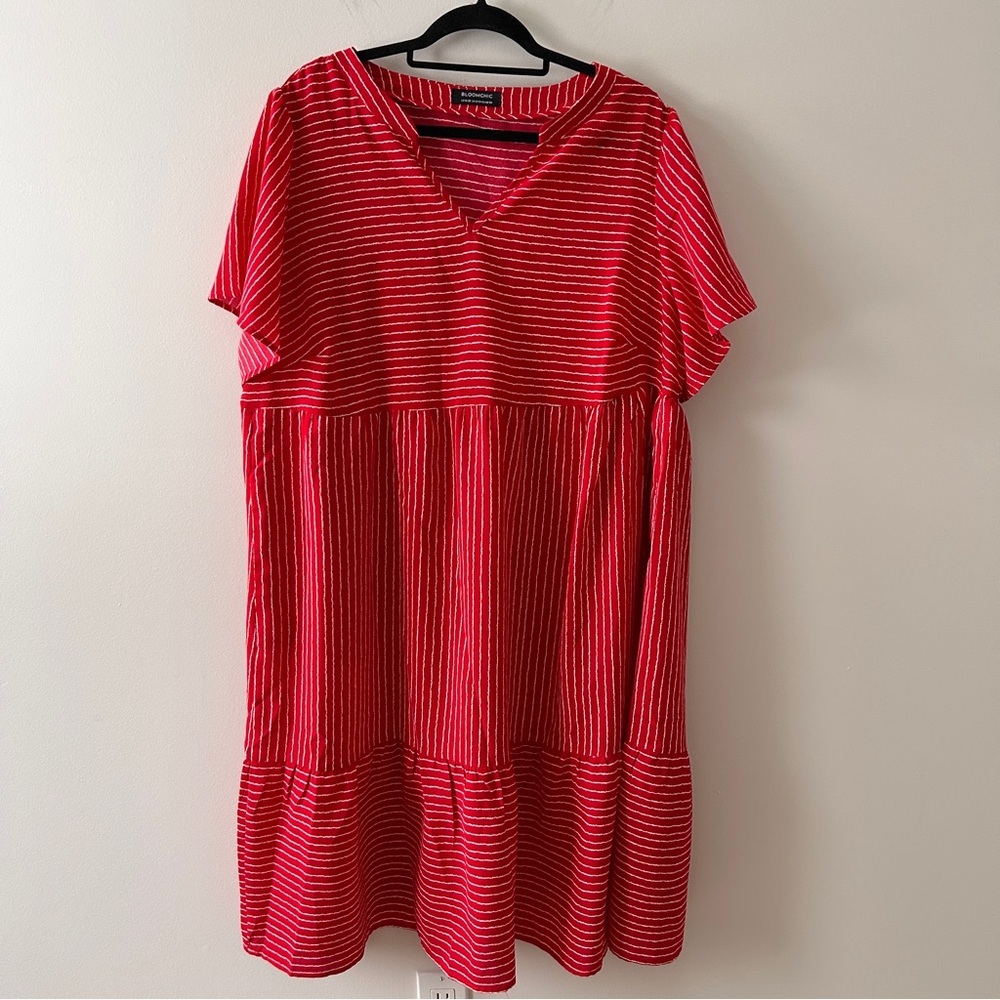 Bloomchic Women’s Plus Size 16-20 Midi Dress Red White Shift Tiered Festive